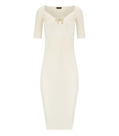 Shop Elisabetta Franchi Champagne Monogram Knitted Dress In White