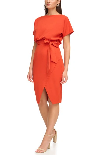 Shop Kensie Tie Front Blouson Dress In Burnt Orange