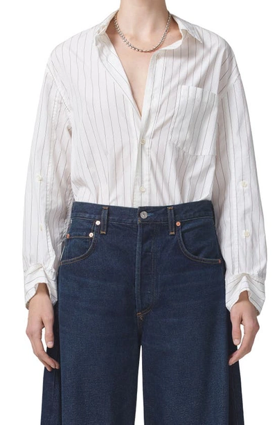 Shop Citizens Of Humanity Kayla Cotton Shirt In White/ Bitter Chocolate Stripe