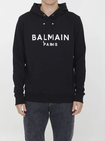 Shop Balmain Cotton Hoodie With Logo In Black