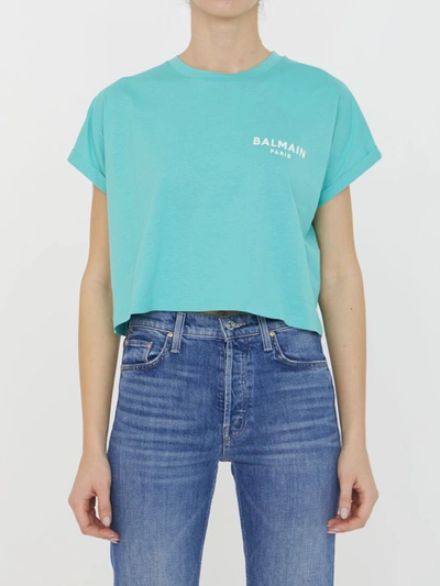 Shop Balmain Cropped Aqua Green T-.shirt