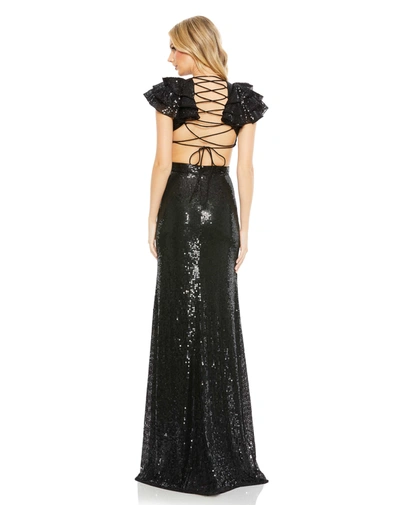 Mac Duggal Sequined Ruffled Cut Out Lace Up Gown In Black