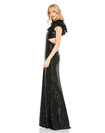 Mac Duggal Sequined Ruffled Cut Out Lace Up Gown In Black