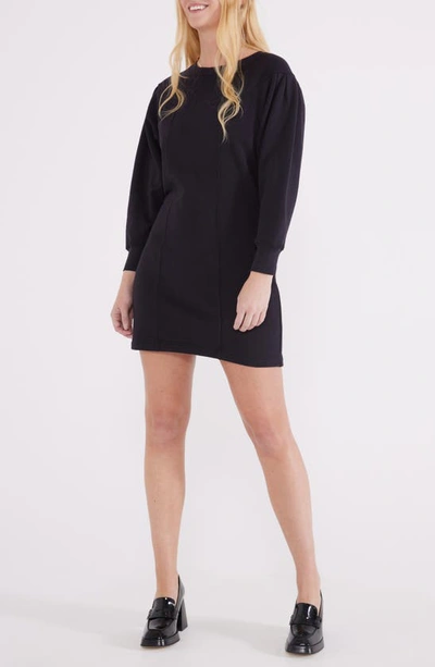 Shop Etica Camila Pleat Shoulder Long Sleeve Cotton French Terry Minidress In Black Beauty