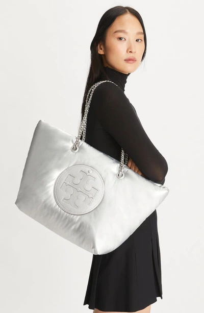 Shop Tory Burch Ella Metallic Puffy Chain Tote In Silver