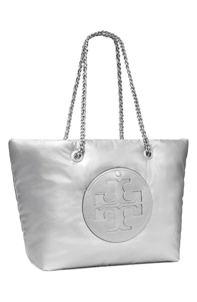 Shop Tory Burch Ella Metallic Puffy Chain Tote In Silver