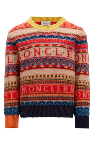 Shop Moncler Kids' Fair Isle Stripe Logo Virgin Wool Crewneck Sweater In Red/ Beige