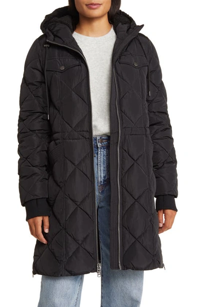 Shop Lucky Brand Quilted Hooded Coat In Black