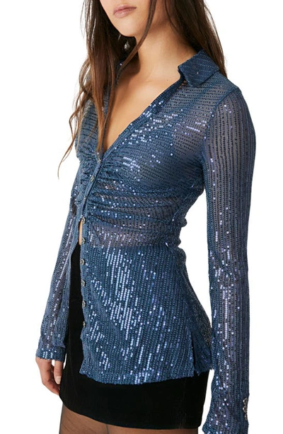 Shop Free People Sequin Ruched Shirt In Varsity Navy