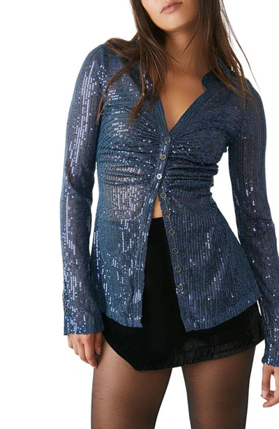 Shop Free People Sequin Ruched Shirt In Varsity Navy