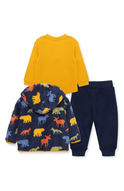 Shop Little Me Woodland Fleece Hooded Zip Jacket, Thermal T-shirt & Joggers Set In Blue
