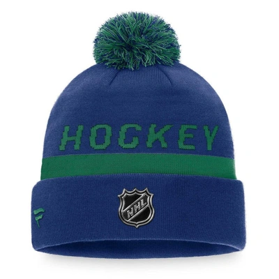 FANATICS FANATICS BRANDED ROYAL VANCOUVER CANUCKS AUTHENTIC PRO TEAM LOCKER ROOM CUFFED KNIT HAT WITH POM 