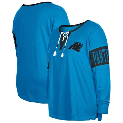 Shop New Era Blue Carolina Panthers Plus Size Lace-up Notch Neck Long Sleeve T-shirt