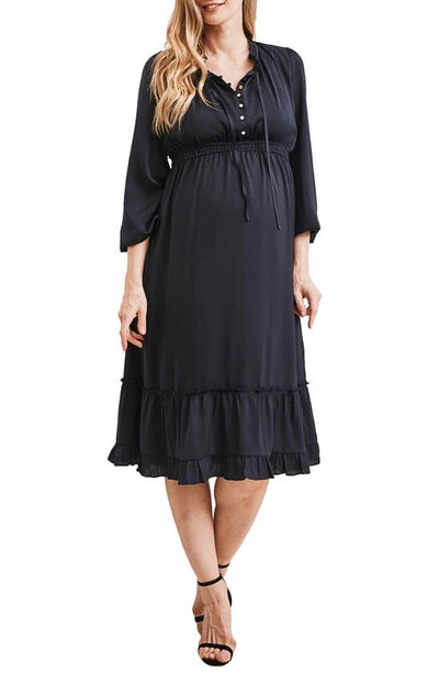 Shop Angel Maternity Stelle Button Front Maternity Midi Dress In Navy