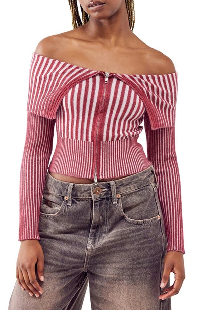 Shop Bdg Urban Outfitters Off The Shoulder Rib Zip Cardigan In Wine