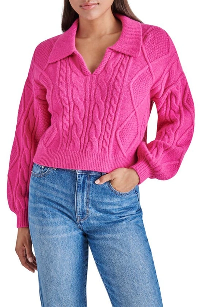 Shop Steve Madden Cay Johnny Collar Cable Knit Sweater In Fuchsia