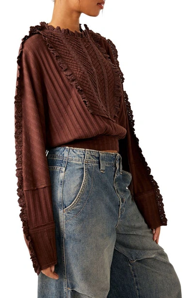 Shop Free People More Romance Embroidered Ruffle Pintuck Knit Top In Mocha