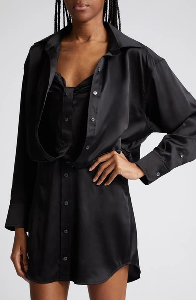 Shop Alexander Wang Integrated Camisole Long Sleeve Silk Shirtdress In 001 Black