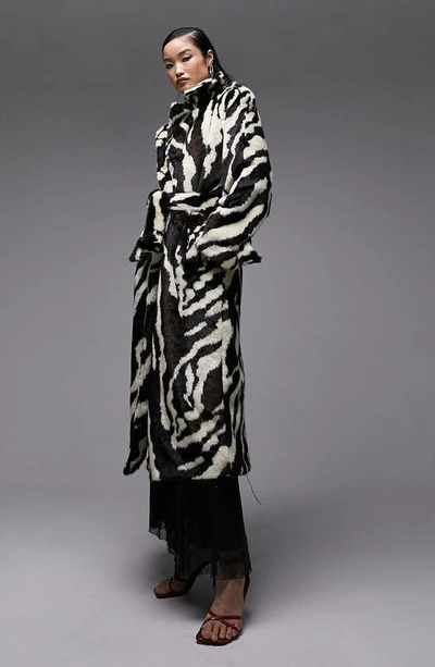 Shop Topshop Belted Animal Print Faux Fur Longline Coat In White Multi
