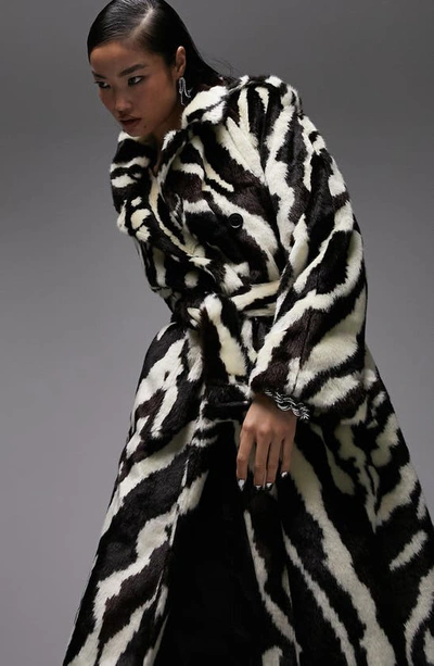 Shop Topshop Belted Animal Print Faux Fur Longline Coat In White Multi
