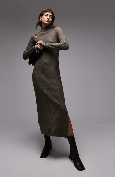 Shop Topshop Long Sleeve Funnel Neck Rib Sweater Dress In Charcoal