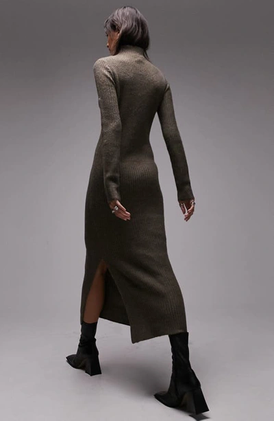 Shop Topshop Long Sleeve Funnel Neck Rib Sweater Dress In Charcoal