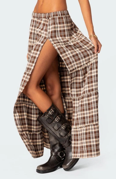 Shop Edikted Plaid Tiered Side Slit Maxi Skirt In Brown