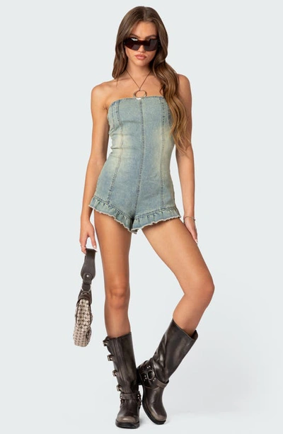 Edikted Winnie Strapless Washed Denim Romper In Blue-washed