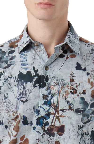 Shop Bugatchi Julian Leaf Print Stretch Cotton Button-up Shirt In Dusty Blue