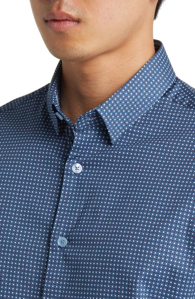 Stone Rose Ring Geometric Print Stretch Cotton Button-up Shirt In Slate Blue