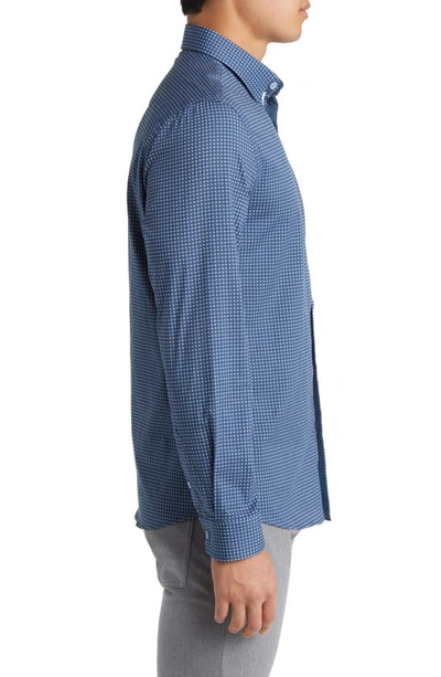 Stone Rose Ring Geometric Print Stretch Cotton Button-up Shirt In Slate Blue