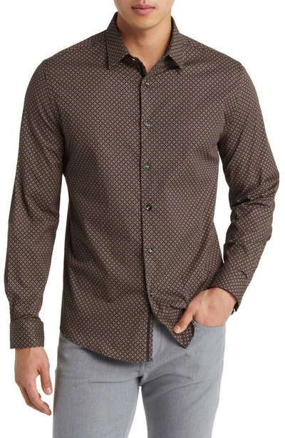 Shop Stone Rose Clover Geometric Print Stretch Cotton Button-up Shirt In Brown
