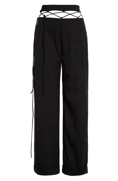 Shop Nensi Dojaka Cutout Laced Waist Stretch Wool Straight Leg Trousers In Black