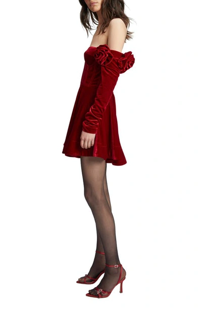 Shop Bardot Sigma Long Sleeve Off The Shoulder Stretch Velvet Minidress In Fire Red