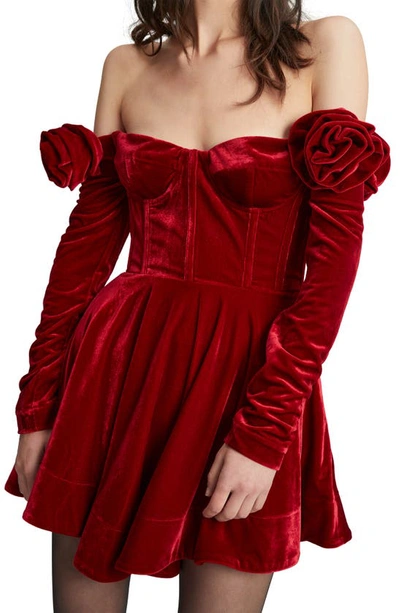 Shop Bardot Sigma Long Sleeve Off The Shoulder Stretch Velvet Minidress In Fire Red