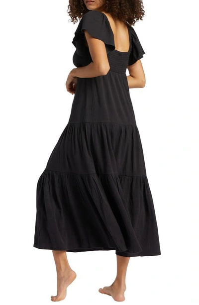Shop Billabong Last Light Flutter Sleeve Midi Dress In Black Pebble
