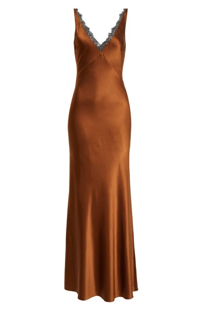 Shop Veronica Beard Hamina Lace Trim Stretch Silk Maxi Dress In Dark Ochre