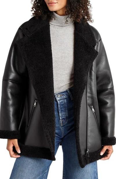 Shop Splendid Earhart Faux Leather Aviator Jacket With Faux Fur Collar In Black