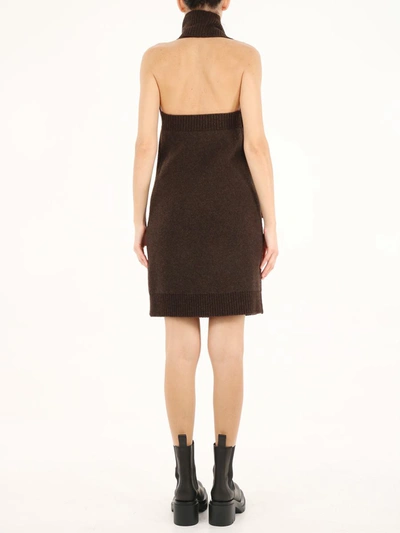 Bottega Veneta Brown One Shoulder Dress In Shetland Wool With Button And Tassel Detail In Brown