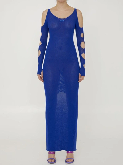 Shop Off-white Cut-out Net Long Dress In Blue