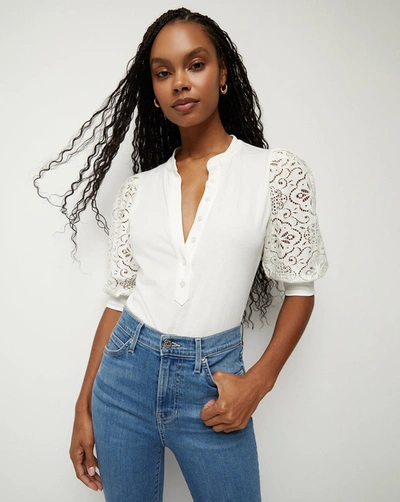 Shop Veronica Beard Coralee Lace Puff-sleeve Tee In Off-white
