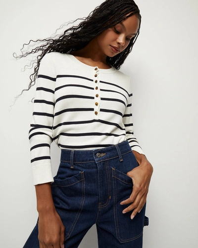 Shop Veronica Beard Dianora Striped Knit Top Off-white Navy In Off-white/navy