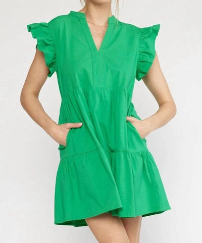 Shop Entro Ruffle Sleeve V-neck Tiered Mini Dress Featuring Pockets In Green