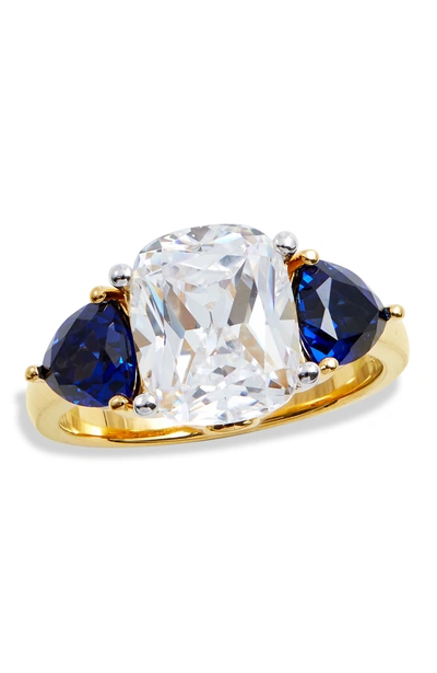 Savvy Cie Jewels 18k Gold Vermeil Blue Sapphire And White Cz Ring In Yellow