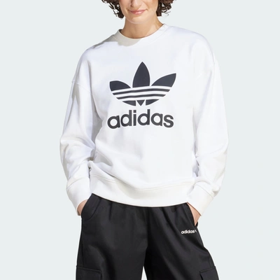 Shop Adidas Originals Women's Adidas Adicolor Trefoil Crew Sweatshirt In White
