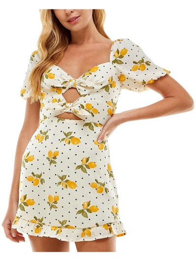Shop City Studio Juniors Womens Printed Mini Fit & Flare Dress In Yellow