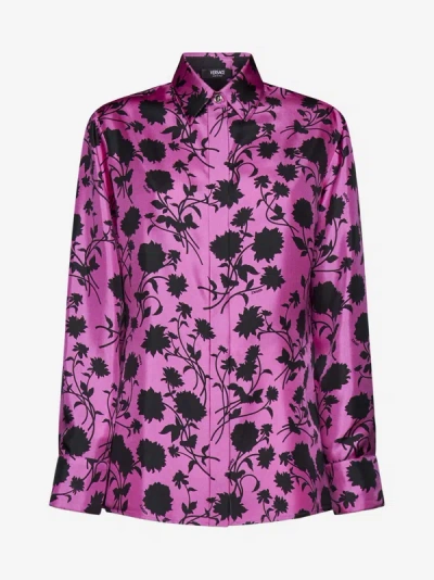 Shop Versace Floral Print Silk Shirt In Pink,black