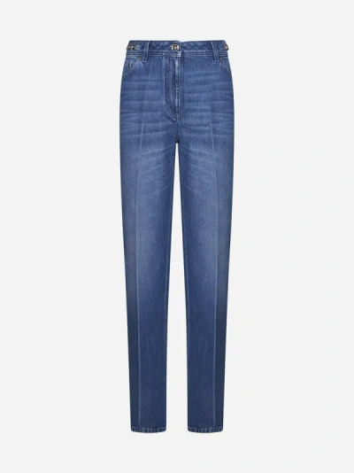 Shop Versace Ironed Crease Jeans In Medium Blue