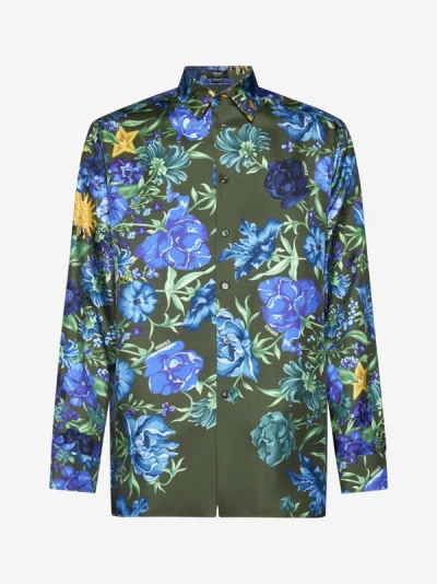 Shop Versace Floral Print Silk Shirt In Khaki,multicolor
