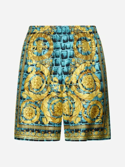 Shop Versace Print Silk Shorts In Multicolor
